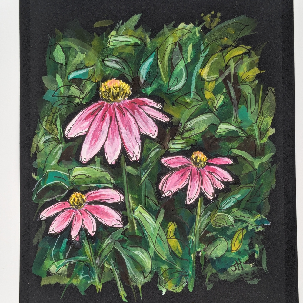 Elegant Pink Floral Art Print with Green Foliage